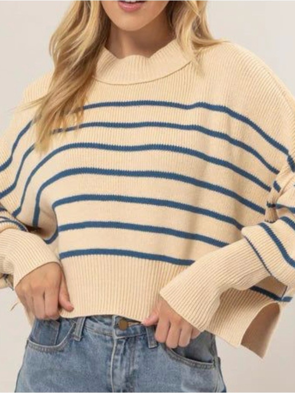 HYFVE Cream and Blue Striped Scoop Neck Sweater